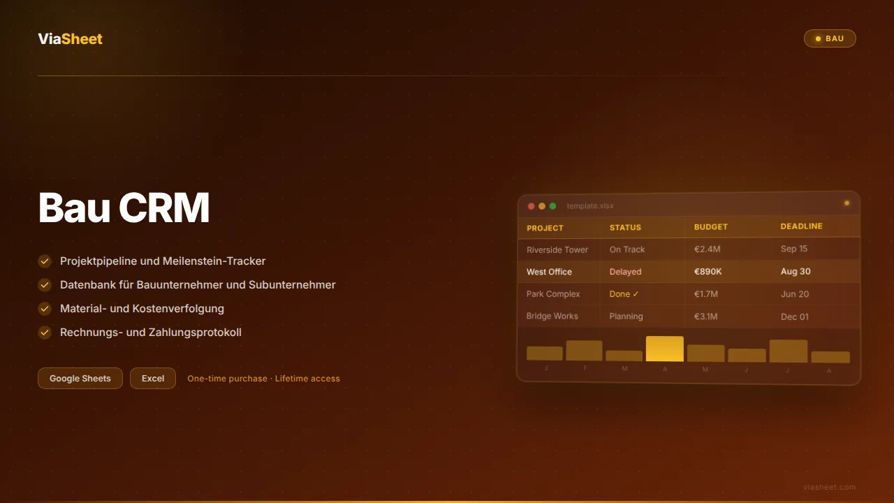 Bau-CRM-Tabellenvorlage mit Projektpipeline und Budget-Tracker