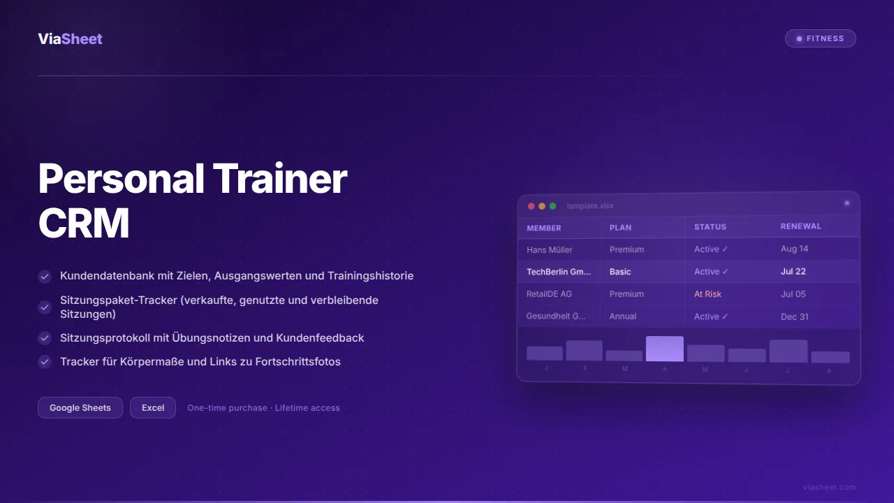 Personal Trainer CRM-Tabelle mit Kundenfortschritts-Tracker und Sitzungsprotokoll