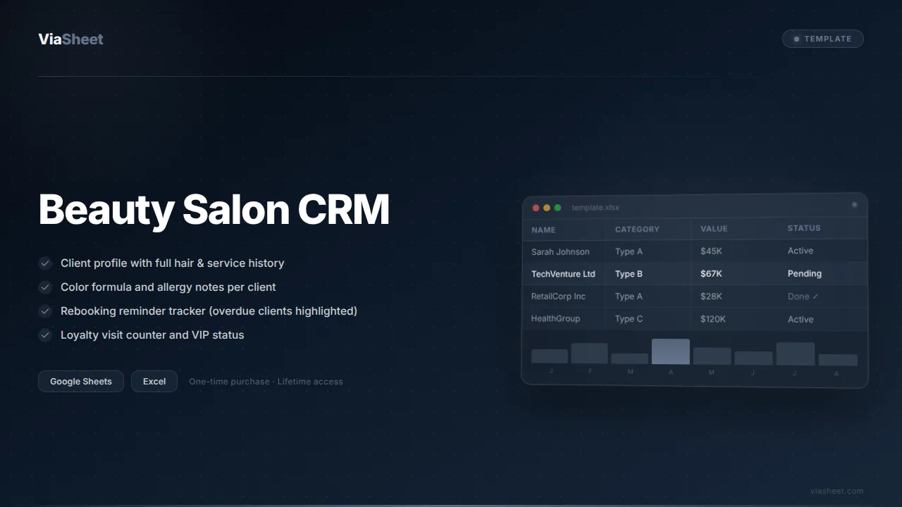 Beauty Salon CRM spreadsheet showing client hair history and rebooking tracker