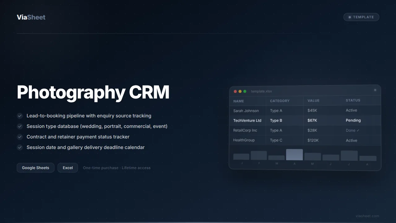 Photography CRM spreadsheet showing booking pipeline and payment tracker