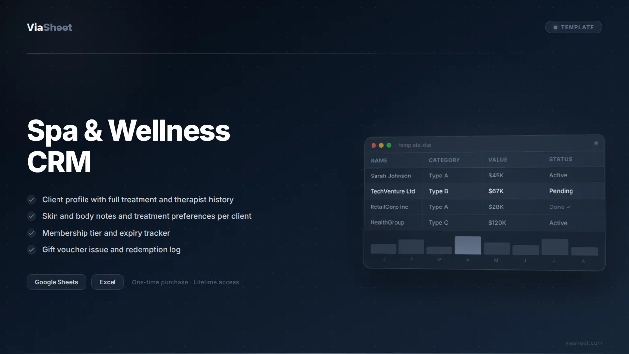 Spa and Wellness CRM spreadsheet showing client treatment history and membership tracker