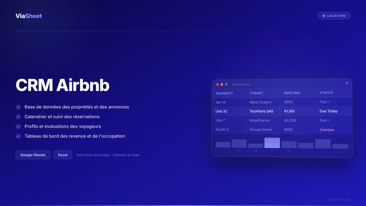Tableur CRM Airbnb montrant le calendrier des réservations et le suivi de la gestion des voyageurs