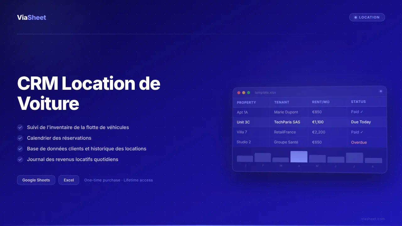 Tableur CRM Location de Voiture montrant la gestion de la flotte et le calendrier des réservations