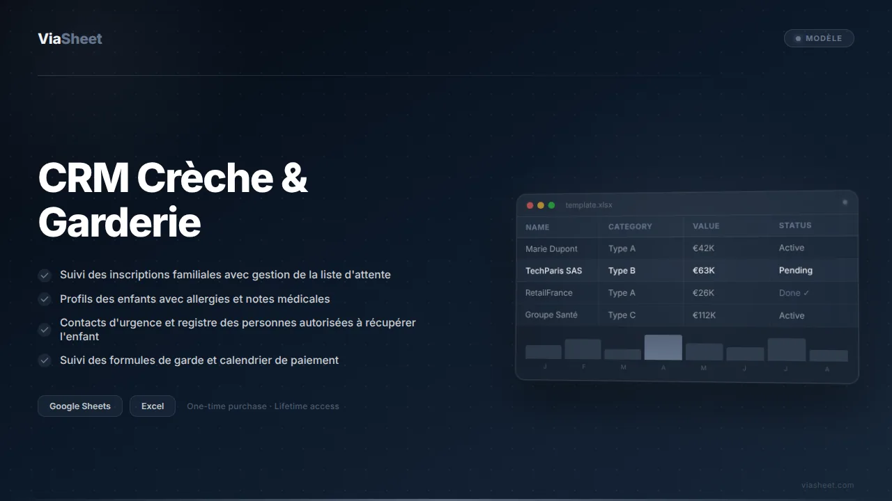 Tableur CRM Crèche montrant le suivi des inscriptions et des contacts familiaux