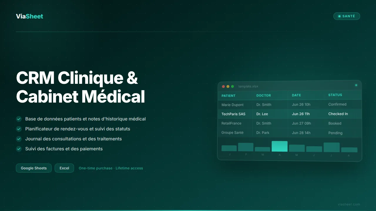 Tableur CRM Cabinet Médical montrant la base de données des patients et le planificateur de rendez-vous