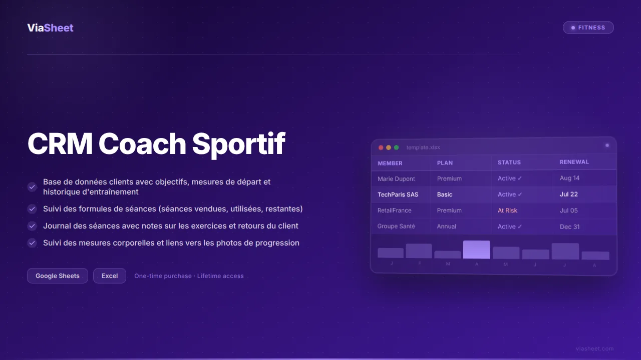 Tableur CRM Coach Sportif montrant le suivi des progrès clients et le journal des séances