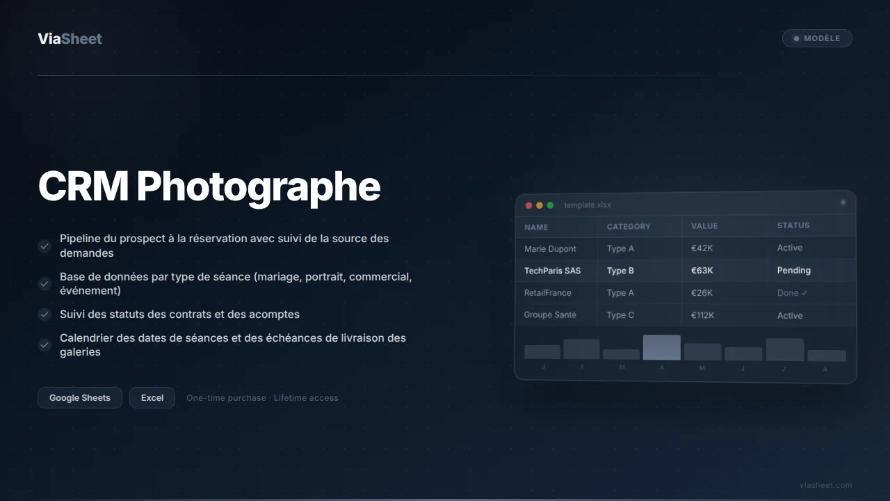 Tableur CRM Photographe montrant le suivi des réservations et des paiements