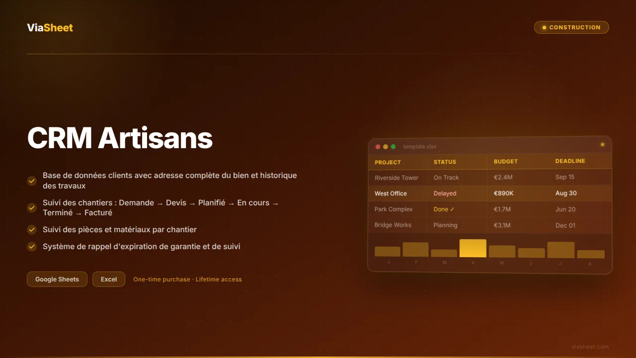 Tableur CRM Artisans montrant le suivi des chantiers et l'historique d'entretien des clients