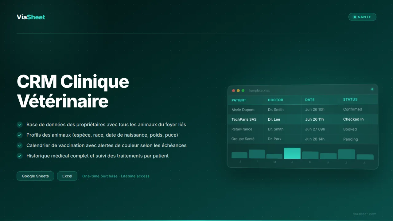 Tableur CRM Clinique Vétérinaire montrant les dossiers des patients et le calendrier de vaccination