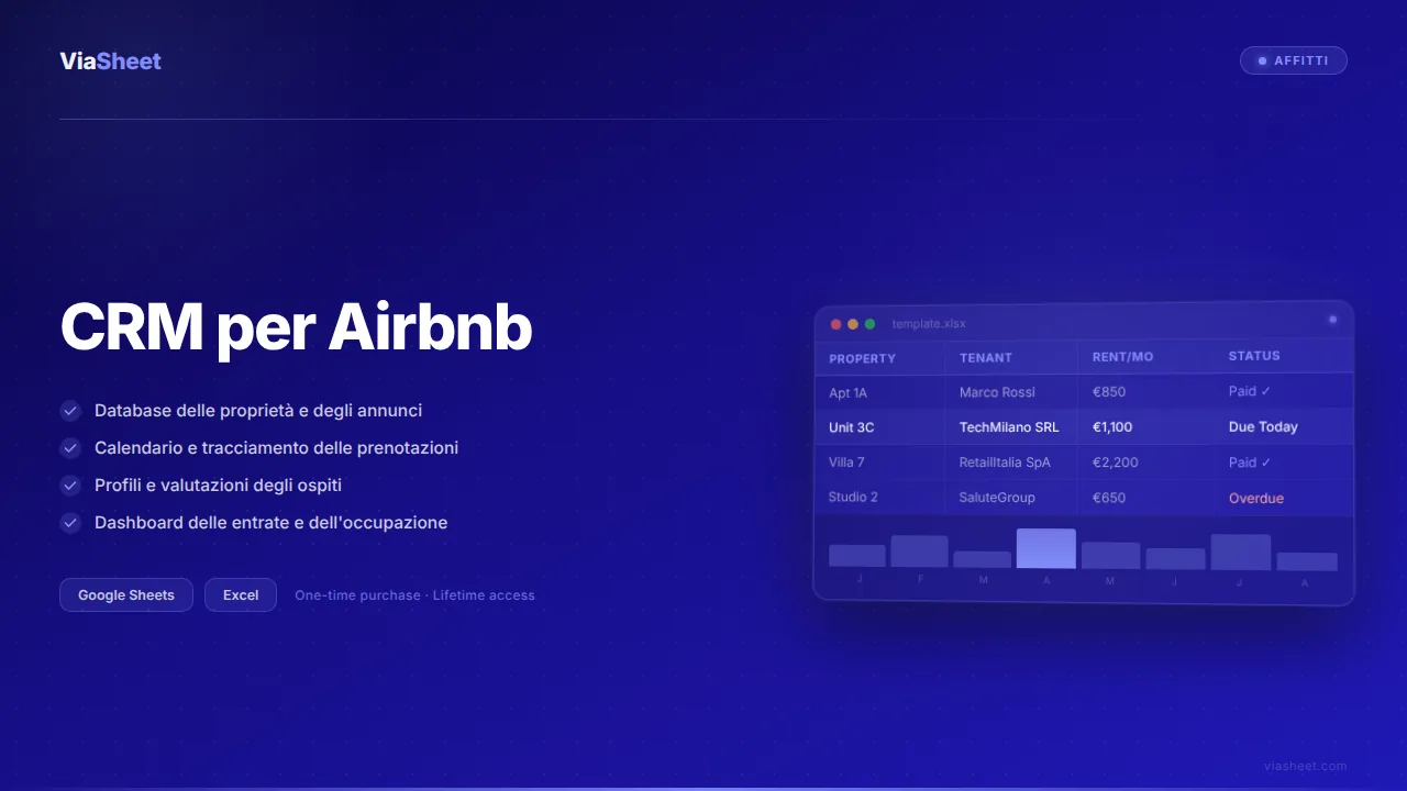Foglio di calcolo CRM per Airbnb che mostra il calendario delle prenotazioni e il tracker di gestione degli ospiti