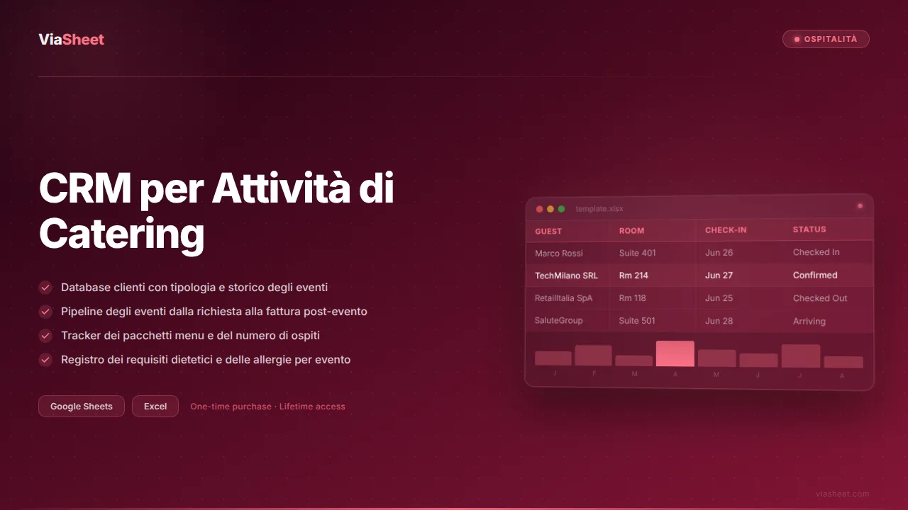 Foglio di calcolo CRM per attività di catering che mostra la pipeline degli eventi e il tracker dei clienti