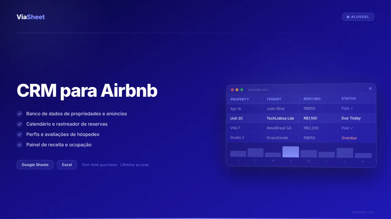 Planilha de CRM para Airbnb mostrando o calendário de reservas e o rastreador de gestão de hóspedes