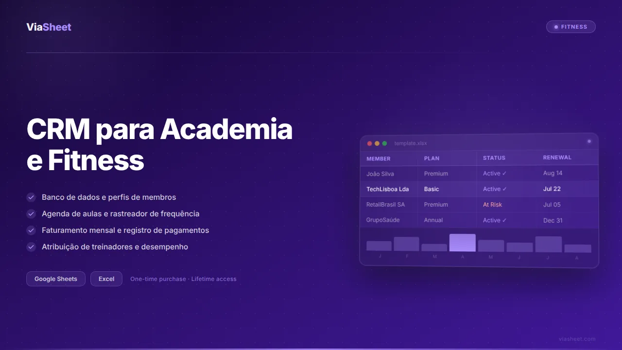 Planilha de CRM para Academia e Fitness mostrando o banco de dados de membros e o painel de receita