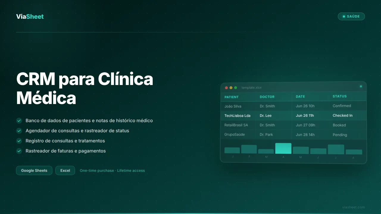 Planilha de CRM para Clínica Médica mostrando o banco de dados de pacientes e o agendador de consultas